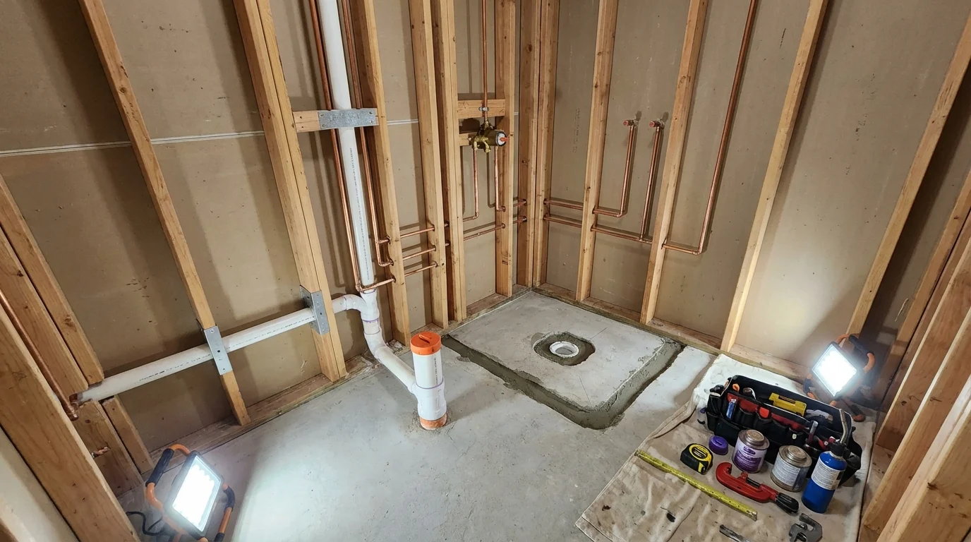 Bathroom rough-in plumbing during remodel by Johns Plumbing LLC in Stanfield